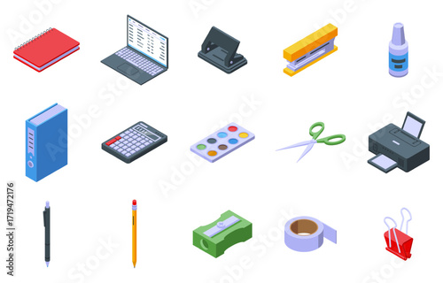 Isometric office equipment. Various stationery for writing, paper cutting, calculator, sharpener, glue tape, paper folder. Work tools nifty vector icons