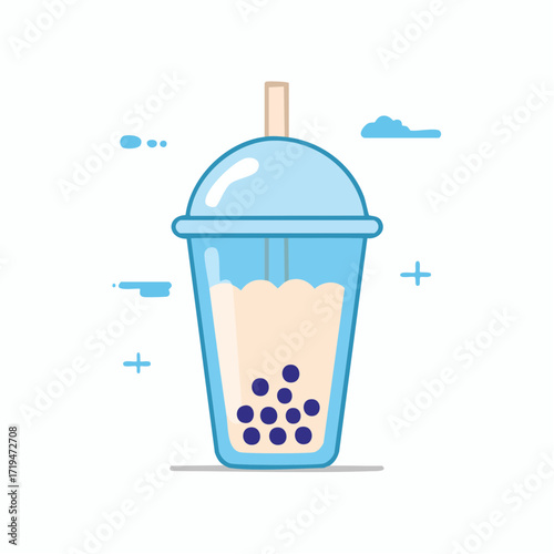 A vector illustration of a boba tea drink in a plastic cup with a straw, featuring tapioca pearls at the bottom.