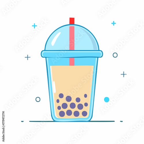 A vector illustration of a boba tea drink in a plastic cup with a straw, featuring tapioca pearls at the bottom.