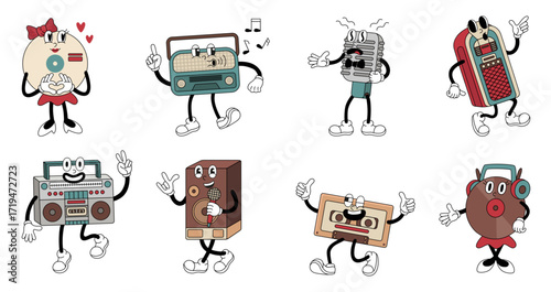 Retro musical pop art characters. Funny music mascots, positive vinyl records, radio, cassette and microphone. Vintage cartoon audio player, neoteric vector set