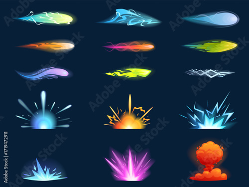 Blaster shoot effect. Game laser or plasma shooting effects for futuristic guns. Energy or power flame and explosions, vibrant sapid vector elements