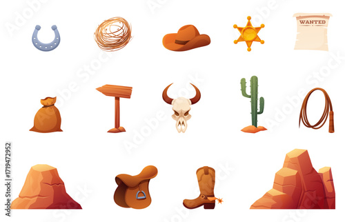 Western cartoon elements. Wild west isolated accessories, sheriff gold star, cowboy boot and hat. Desert plant, cactus, mountains and horseshoe sapid vector set