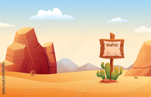 Western background. Wild west desert with wanted ad on wooden billboard sign. Stone rocks, cactus, mountain landscape. South sapid vector illustration