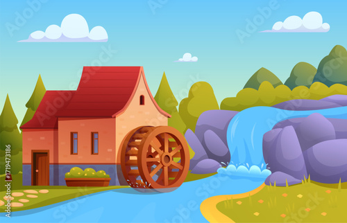 Cartoon water mill landscape. Old style house with wooden wheel on river with waterfall. Countryside rural building, fairy tale watermill, sapid vector illustration