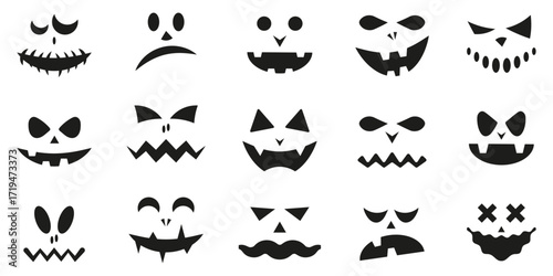 Pumpkin face silhouette collection. Halloween jack o’lantern expressions in black shapes