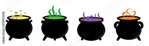 Witch cauldron collection. Bubbling pots with colorful magic liquids and smoke