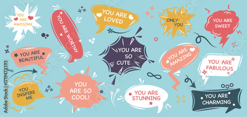 Positive quote bubble collection in colorful style. Speech balloons include motivational and kind words. Perfect for posters or social media
