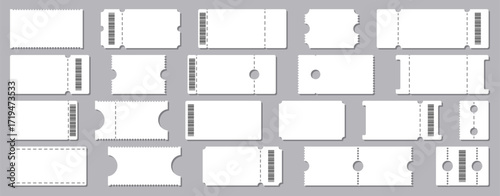 Blank ticket collection with coupons. Admission and entry tickets with barcodes and perforation lines