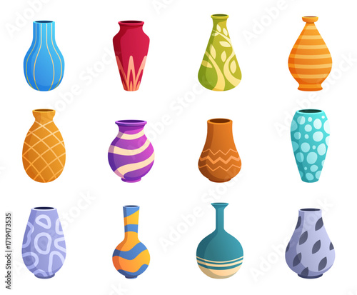 Decorative pottery vases. Cartoon vase with decor, interior accessories. Porcelain or clay vessels for flowers or water. Jug, floral pots sapid vector clipart