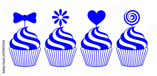 Four Blue and White Cupcakes with Decorative Toppers