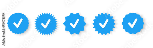 Verified badge collection with check marks. Blue approval icons in star and circular shapes