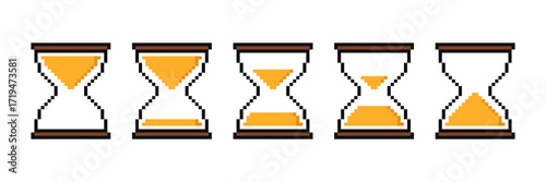 Hourglass pixel collection. Retro style sand timers showing different time progress stages