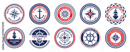 Columbus Day badge collection. Nautical emblems with anchors, compasses, and ships in patriotic colors