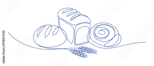 Minimalist Blue Line Art of Assorted Breads and Wheat Stalks