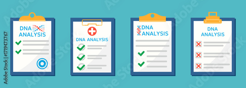 DNA analysis collection with medical reports. Genetic test results displayed on clipboards with checks and marks