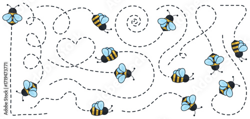 Bee flight collection with dotted paths. Cute bees flying with trails forming shapes and patterns