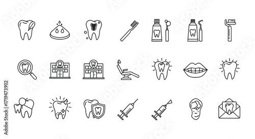 Vector illustration of collection of handdrawn dental icons, including teeth, dentist chair, syringe, and dental clinic
