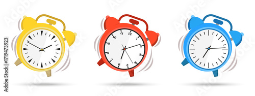 Alarm clock collection with bright ringing designs. Different colors show motion effect. Perfect for time, morning, and schedule illustrations