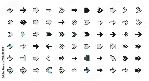 Vector illustration of collection of various arrow icons, representing direction, movement, and navigation in different styles and forms