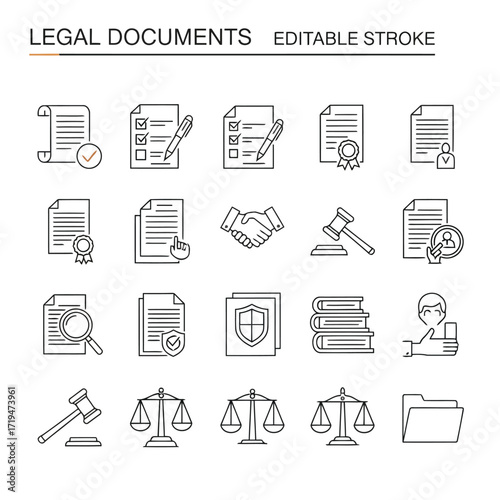 Vector illustration of collection of legal document and justice icons, representing law, justice, and legal services