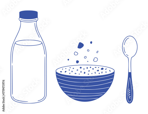 Simple Illustration of Cereal, Milk, and Spoon for Breakfast