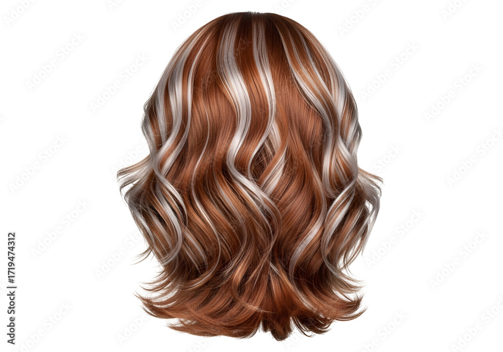 Fototapeta premium Wavy, highlighted hair in rich auburn and silvery tones displays a luxurious style against a black backdrop.