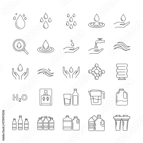 Vector illustration of collection of water and hydration icons, including drops, hands, faucets, bottles, and water filters