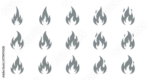 Vector illustration of collection of fifteen stylized flame icons in various shapes and sizes, isolated on a