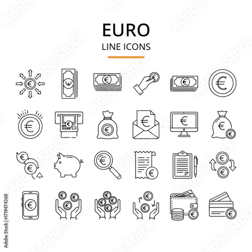 Vector illustration of set of euro currency line icons, , representing finance, banking, and economic concepts