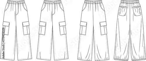Cargo pants technical sketch, front side back view, elastic waistband, large pockets, utilitarian style, fashion design illustration, garment construction vector, apparel