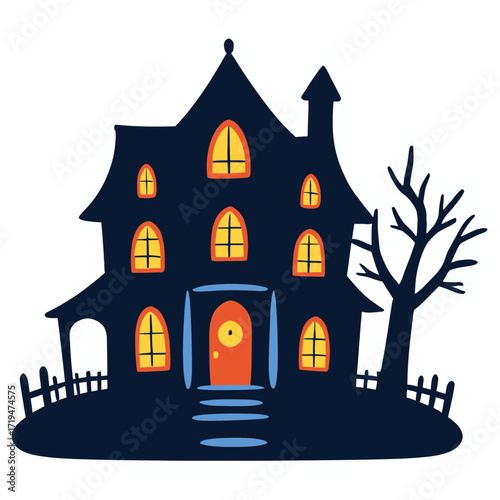 Haunted house, spooky atmosphere, glowing windows | house with a roof | house in a night | house in the woods | house in the forest | house on the hill | illustration of a house in the night