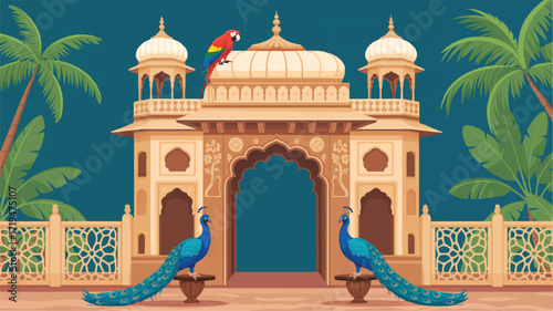 Vector art of indian palace entrance with peacocks and parrot