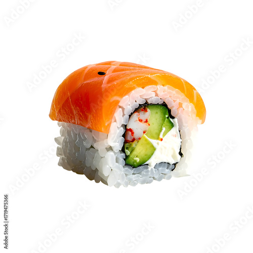 Single piece of sushi roll, featuring salmon topping, cream cheese, cucumber, and crab stick filling, set against a black background