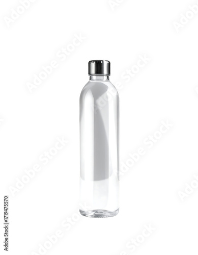 Clear glass bottle with a silver screw-top cap, cylindrical shape, slightly tapered at the base
