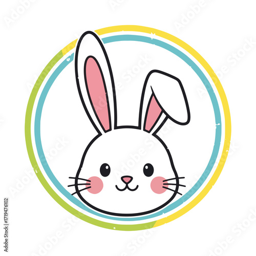 Cute cartoon white bunny rabbit face with pink ears and cheeks inside a colorful circle
