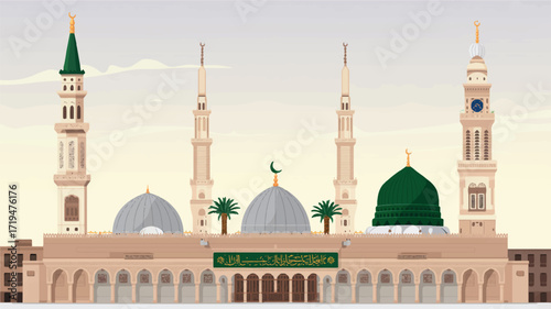 Illustration of the prophets mosque in medina with minarets and domes