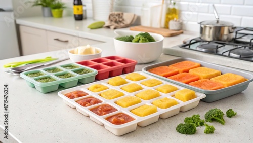 Colorful frozen baby food cubes in silicone trays awaiting mealtime in a cozy kitchen setting