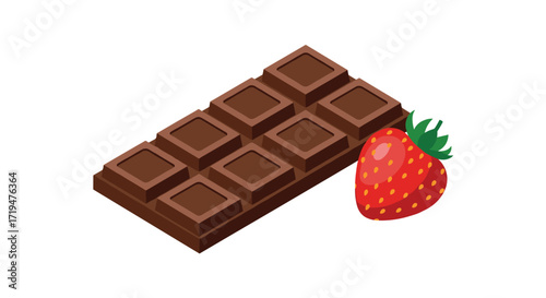 A delicious combination of sweet chocolate bar next to a ripe juicy strawberry.