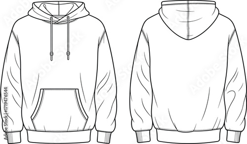 Hoodie technical sketch, front and back view, drawstring hood, kangaroo pocket, ribbed cuffs hem, fashion design illustration, garment construction vector, apparel template