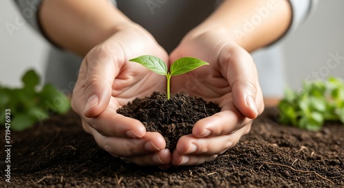 Caring hands gently cup a young green plant sprout emerging from fertile soil, representing new beginnings, sustainable growth, and environmental stewardship for a brighter future