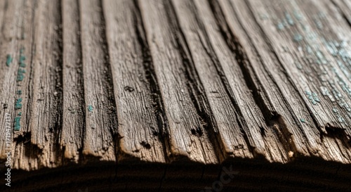 Close-up of weathered wooden planks with peeling paint.