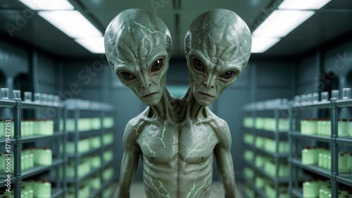 Bipedal two-headed alien with green glowing veins standing inside sterile futuristic laboratory filled with specimen jars on metal shelves