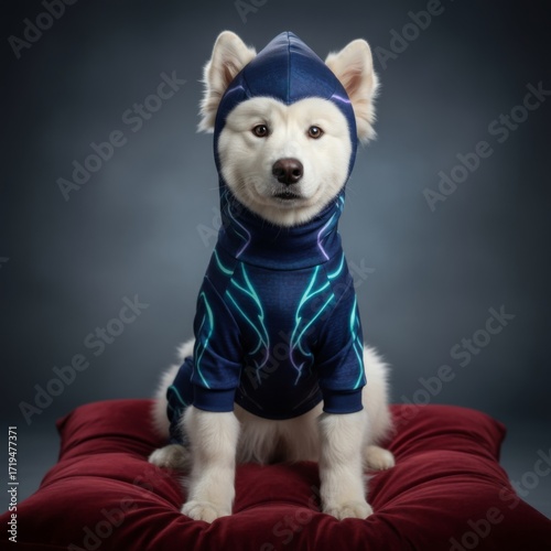 White fluffy dog wearing futuristic alien blue bodysuit with glowing lines and hood sitting on red cushion against studio background