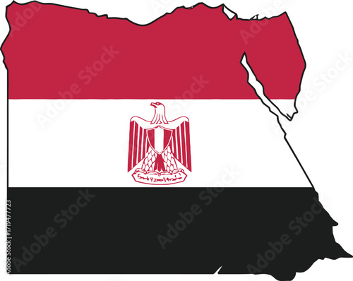 A map of the country of Egypt filled with the national flag, featuring red, white, and black stripes and the Eagle of Saladin emblem.