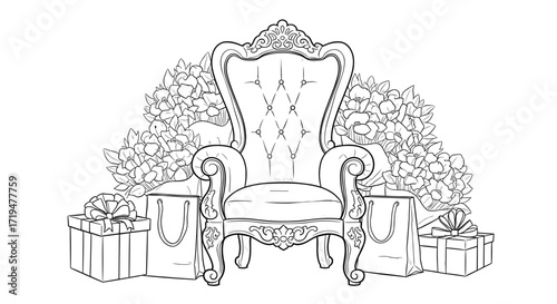 Elegant armchair with flowers and gifts in sketch style