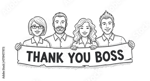Team holding thank you boss banner in sketch style
