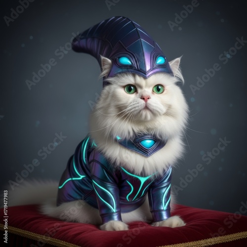 White long-haired cat with bright green eyes wearing futuristic purple and blue glowing armor and helmet, posed regally on red velvet cushion in dark studio background
