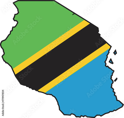 Outline of Tanzania filled with the Tanzanian flag colors.