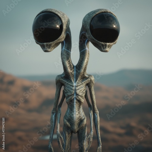 A two-headed alien creature with tall slender body and reflective black eyes standing in a barren desert landscape under a soft daylight sky