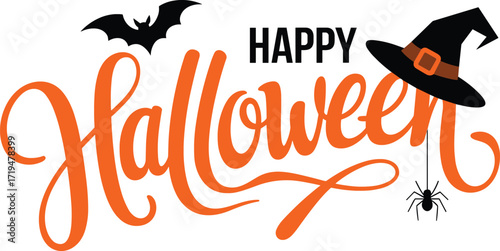 Halloween typography illustration, spooky script bat witch hat hanging spider festive clean background, cheerful seasonal design, vector clipart artwork